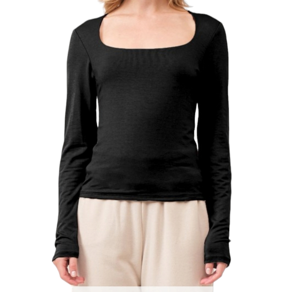 Black Double Layer Square Neck Lng Sleeve NEW Flattering Wardrobe Staple SZ L LG